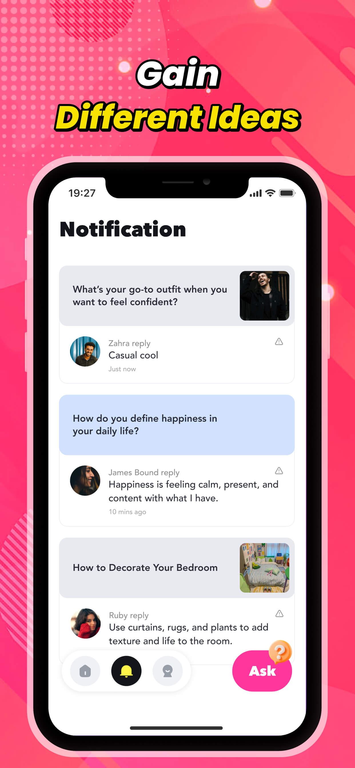 App screen showing questions and user-submitted answers with images